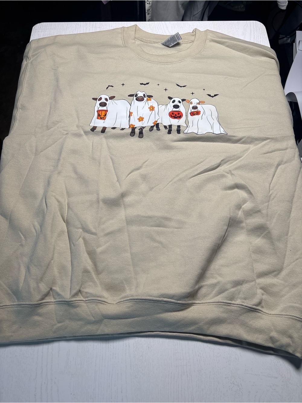 Gildan Beige Crewneck Sweatshirt with Halloween Ghost Cow Graphic